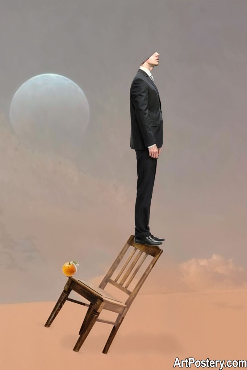 A striking piece of Surreal Art featuring a man in a sharp black business suit standing precariously on the seat of a tilted wooden chair. Perched at the very edge, balancing against gravity, is a single vibrant orange fruit. The backdrop is an atmospheric, dreamlike expanse with a large, glowing moon and soft clouds, blending the mundane world of work with the fantastical. Art Print