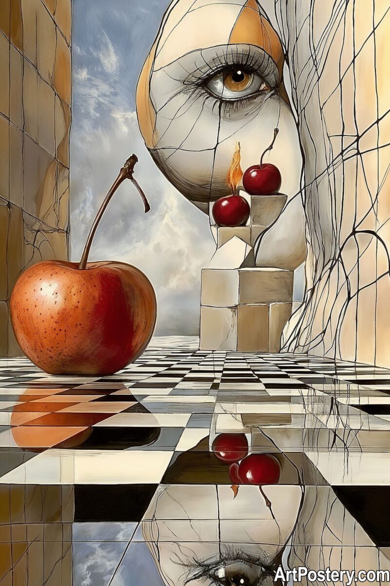 Surreal art poster featuring a giant eye and fiery cherries on a checkered floor, representing the concept of Unstoppable Vision.
