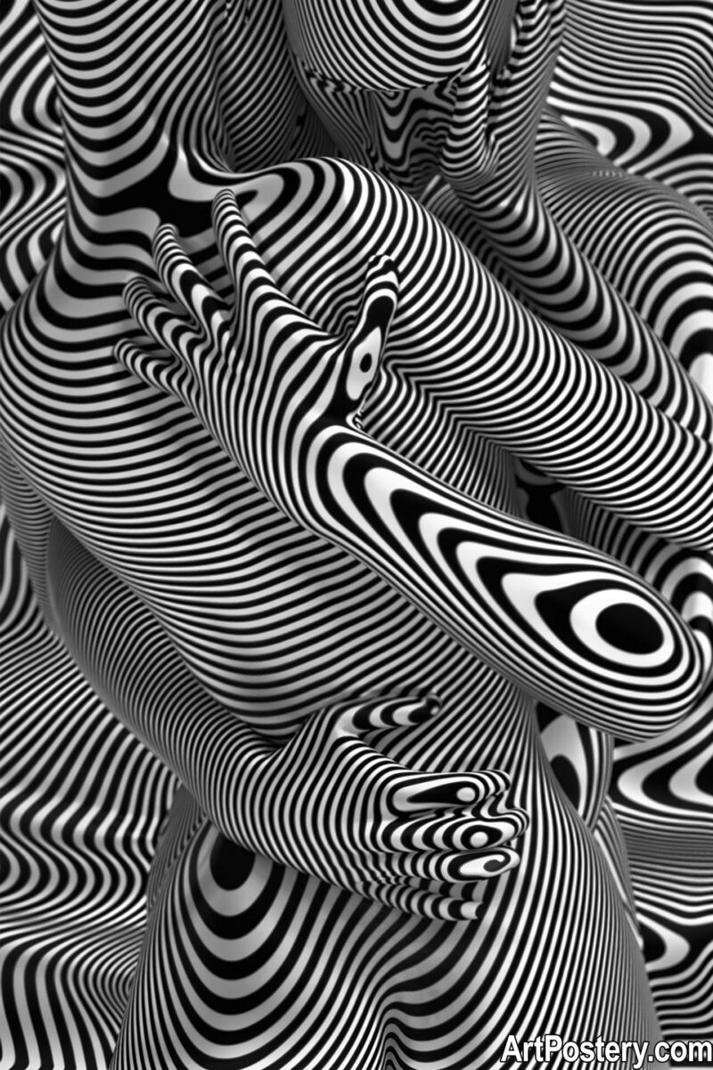 High-quality black and white wall art poster depicting a psychedelic optical illusion with distorting human figures, creating a Mesmerizing geometric effect suitable for home decor. Psychedelic Poster
