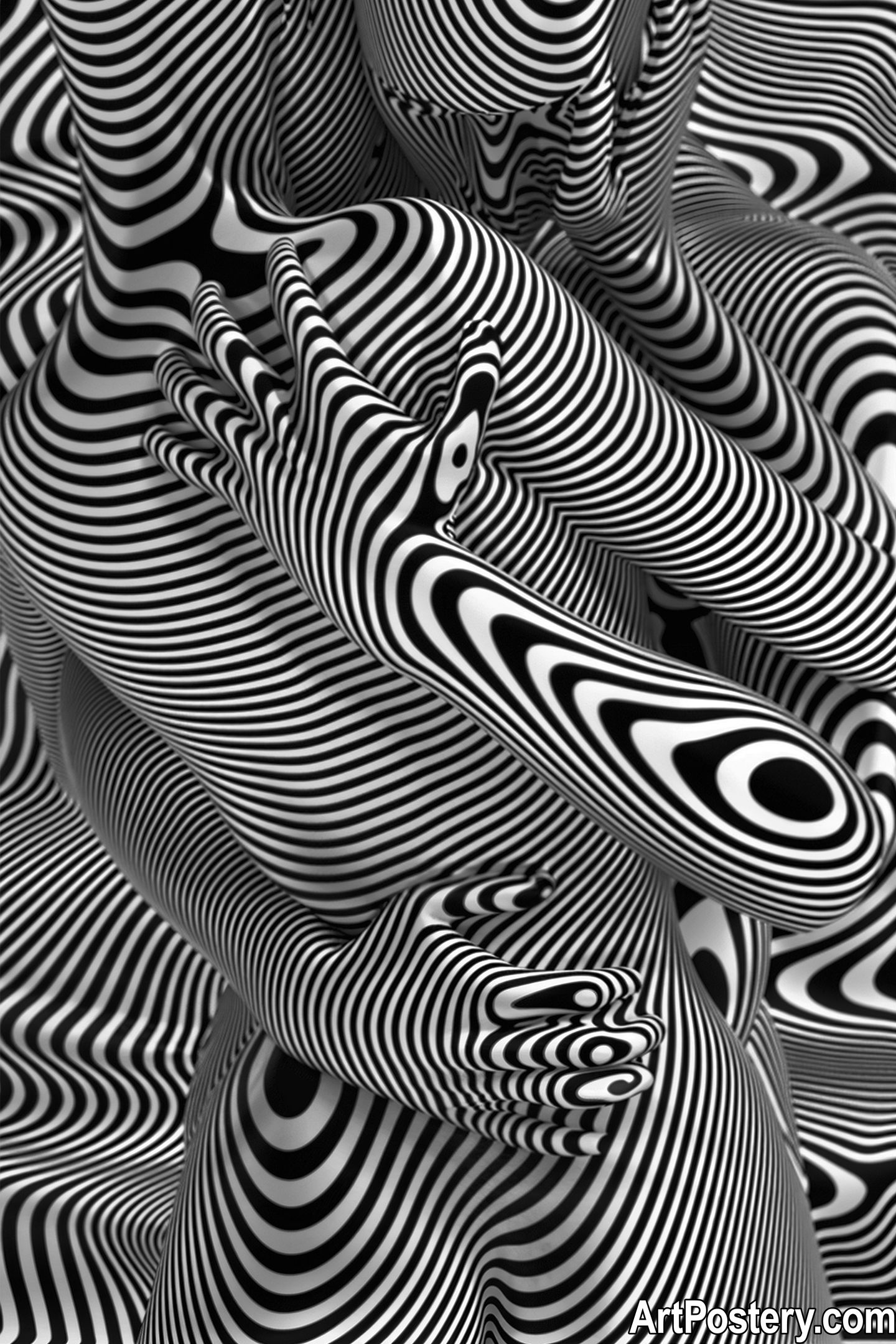 Mesmerizing Black and White Op Art Figure Wall Art Print High-quality black and white wall art poster depicting a psychedelic optical illusion with distorting human figures, creating a Mesmerizing geometric effect suitable for home decor. Psychedelic Poster