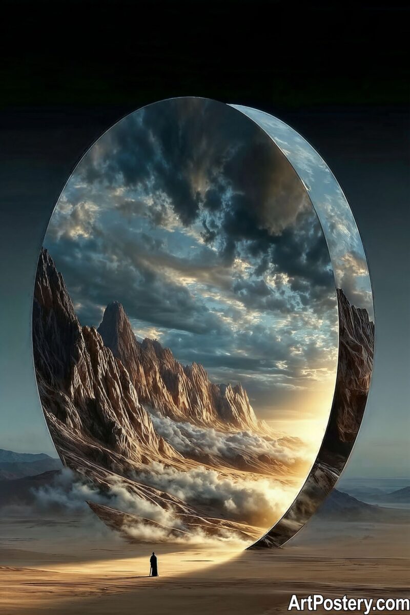 A mesmerizing digital art print featuring a lone figure gazing into a massive, reflective oval portal revealing majestic mountains and dramatic clouds.Cool Posters