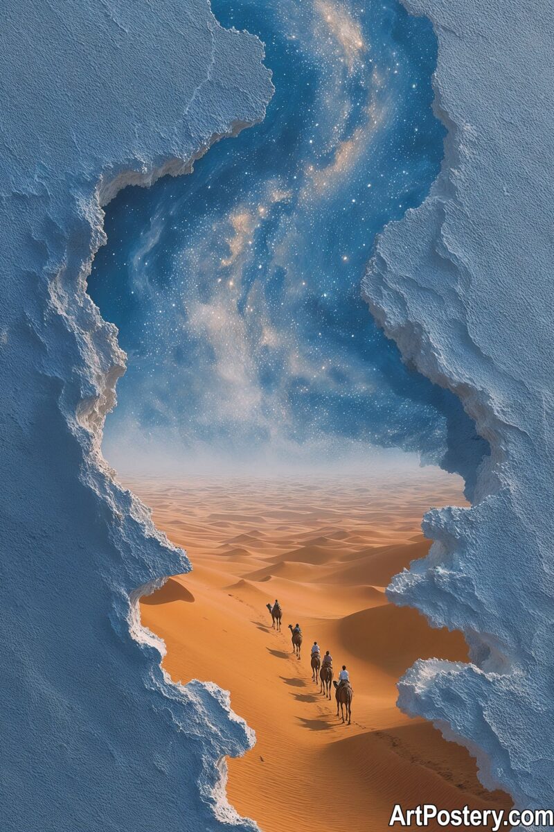 A surreal wall art poster showing a view of a starry galaxy through a jagged hole in snow, revealing a desert with camels below.