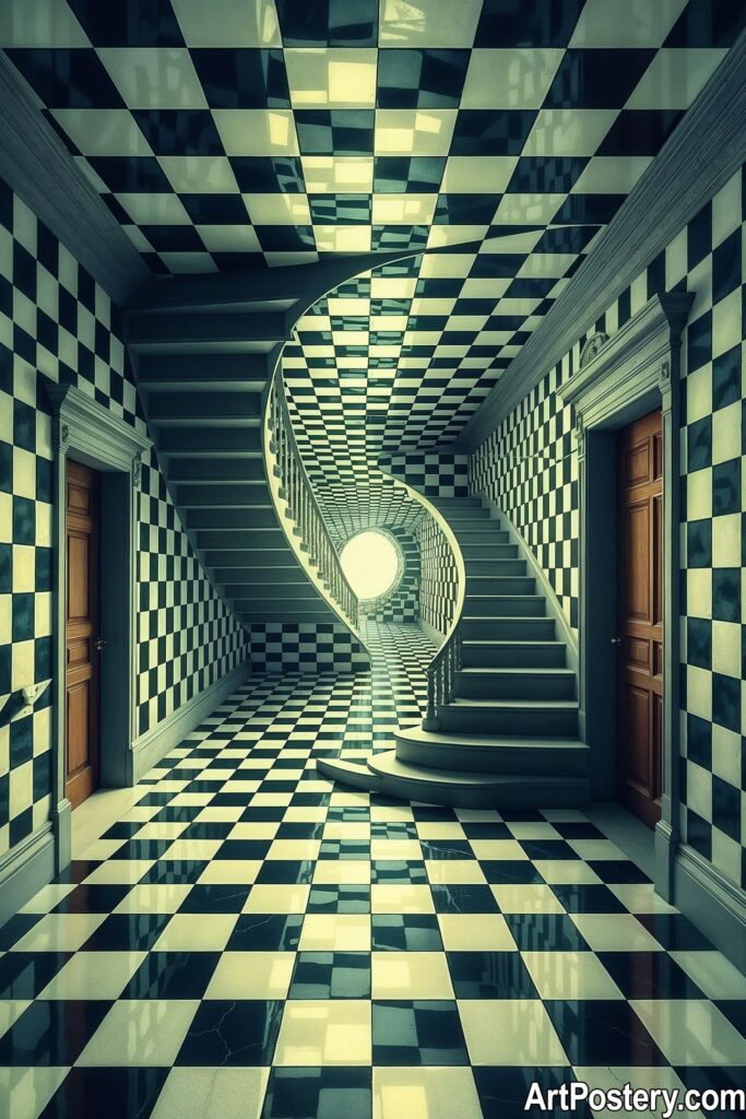 A mind-blowing optical illusion cool poster featuring a black and white checkered spiral staircase in an infinite hallway. High quality art print of surreal architecture.