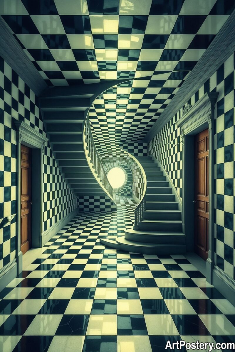 A mind-blowing optical illusion cool poster featuring a black and white checkered spiral staircase in an infinite hallway. High quality art print of surreal architecture.