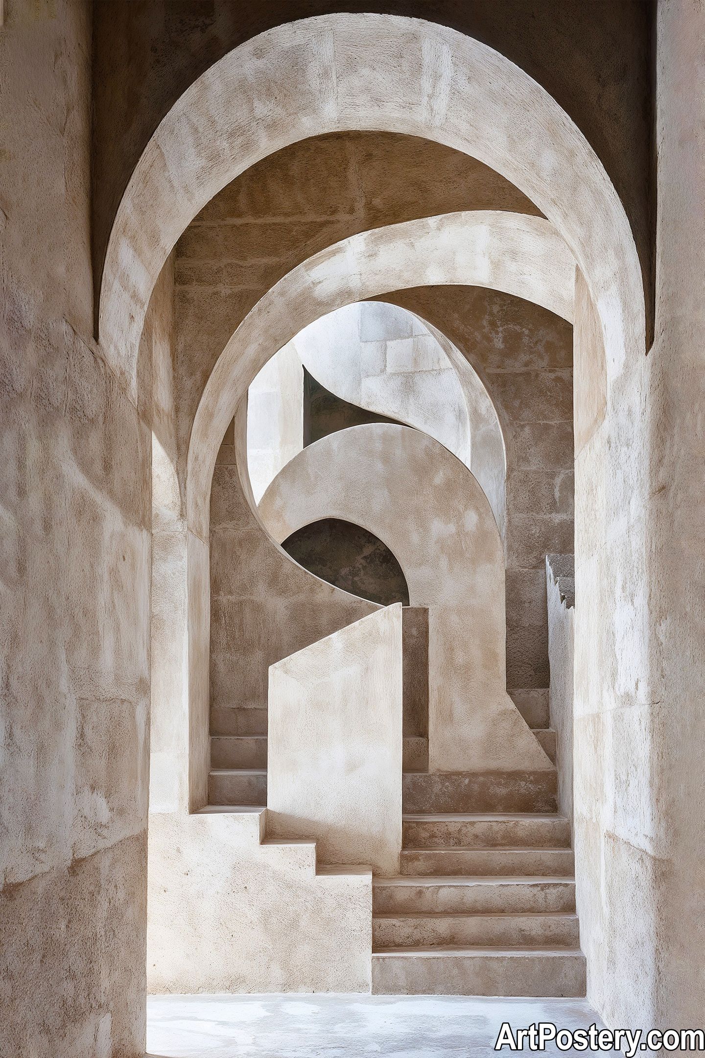 Infinite Curve: Modern Concrete Staircase Art Print Minimalist Art spiral staircase with concrete arches and geometric patterns – high quality art print of modern architecture