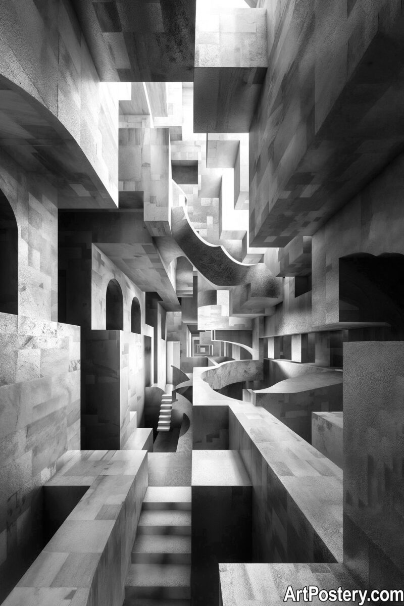 High quality art prints of a black and white minimalist architectural labyrinth, featuring intricate stone arches. Minimalist Art