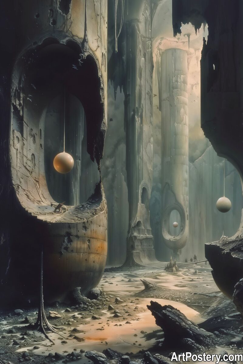 A mysterious fantasy landscape featuring ancient stone ruins, a dark cavernous archway, and glowing spherical orbs hanging in the distance. abstract art print