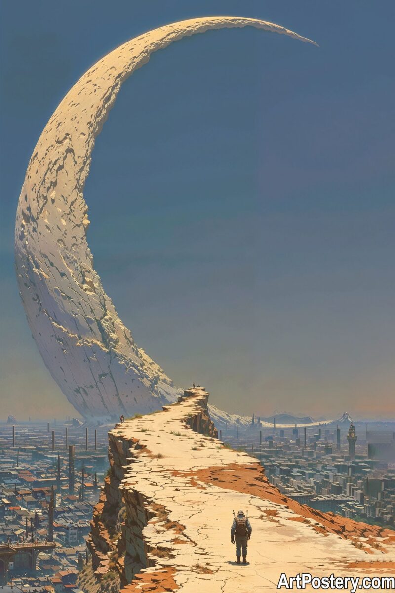 Astronaut walking on cliff edge near giant crescent moon, stunning space posters