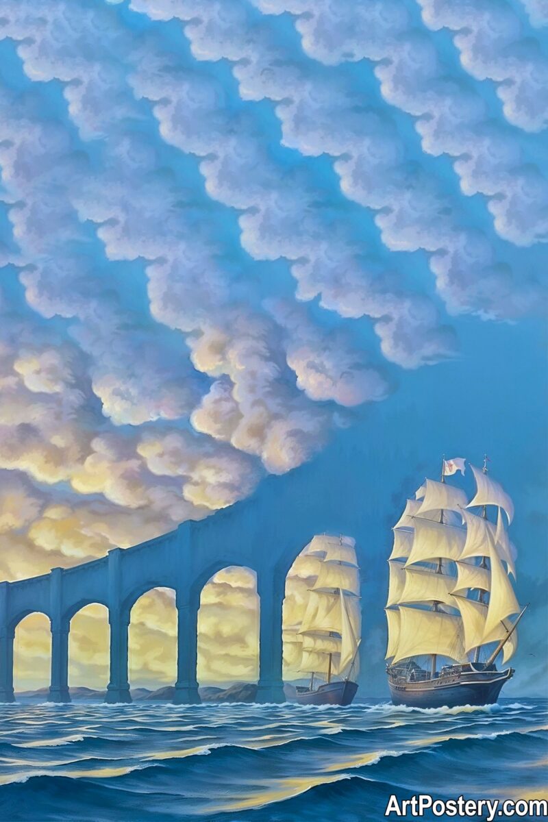 A stunning example of Surreal Art featuring a massive stone bridge merging with sailing ships under a cloudy blue sky.