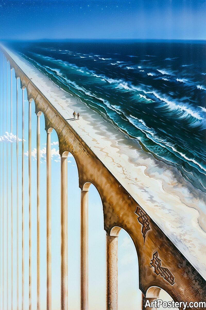 Surreal Art poster depicting a surreal coastal dreamscape with ocean waves and architectural elements