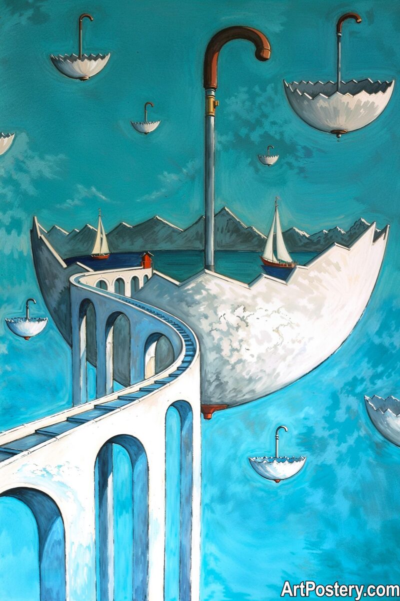 Surreal Art depicting floating umbrellas over a whimsical landscape