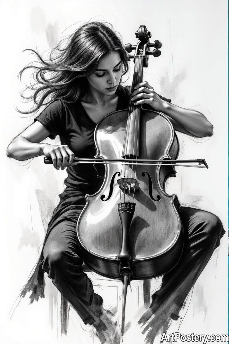Dynamic black and white music poster featuring a passionate cellist. Music Posters: Captivating Cello Art Emotion