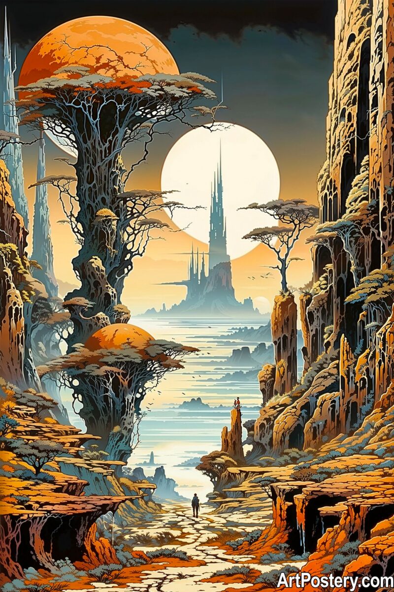 Fantasy Art Posters featuring a surreal landscape with two moons and mystical towers