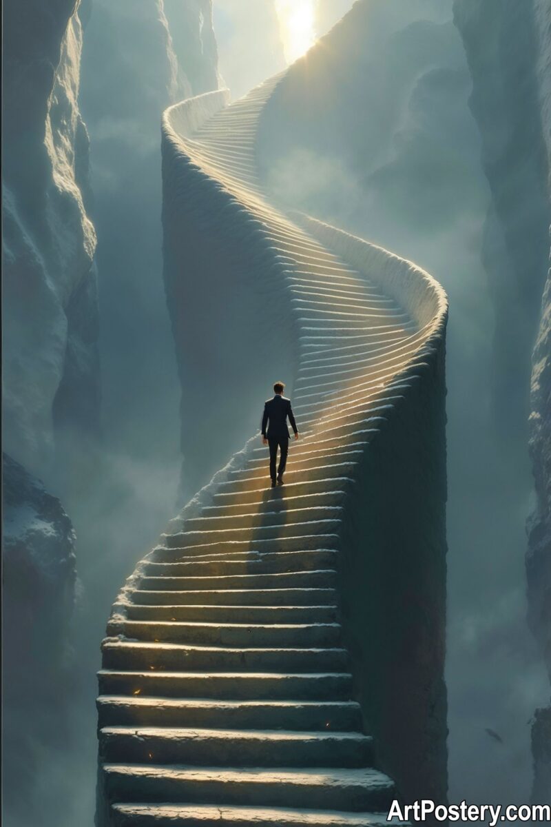 Motivational posters for students showing a person climbing a winding staircase.