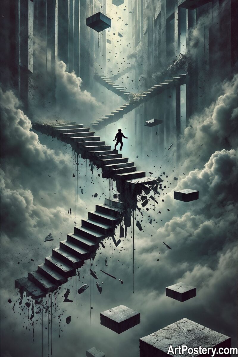 Surreal Art depicting floating stairs in surreal clouds