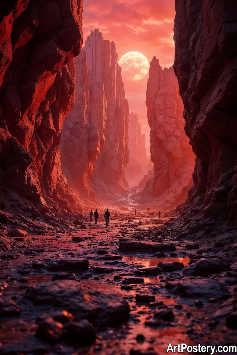 A breathtaking space poster depicting a canyon under a luminous moon, perfect for cosmic art lovers.