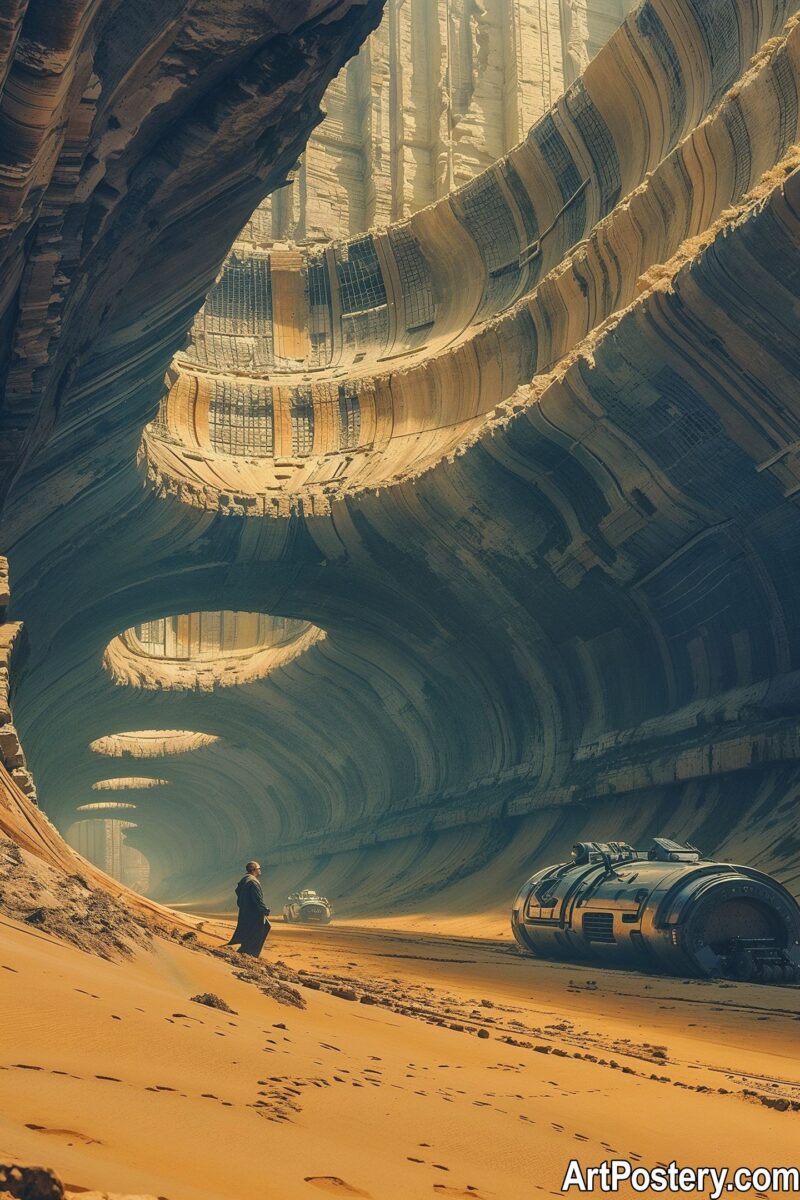 Space poster depicting an expansive cosmic cave with futuristic vehicles