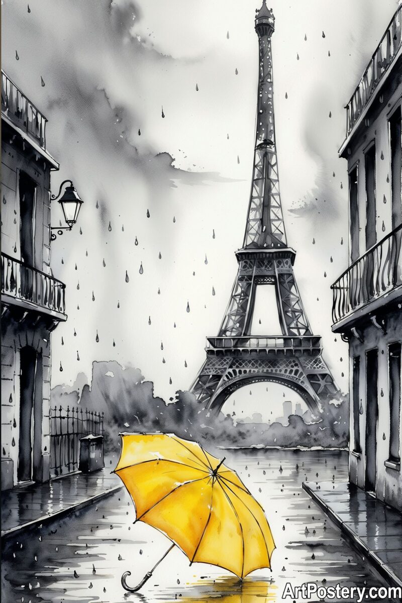 Art Poster A moody, atmospheric watercolor illustration of the Eiffel Tower in Paris during a heavy rainstorm. The scene is painted primarily in shades of grey and black ink washes, creating a dramatic backdrop. In the foreground, a vibrant yellow umbrella stands out against the monochrome street, adding a pop of color and emotion to the rainy setting.