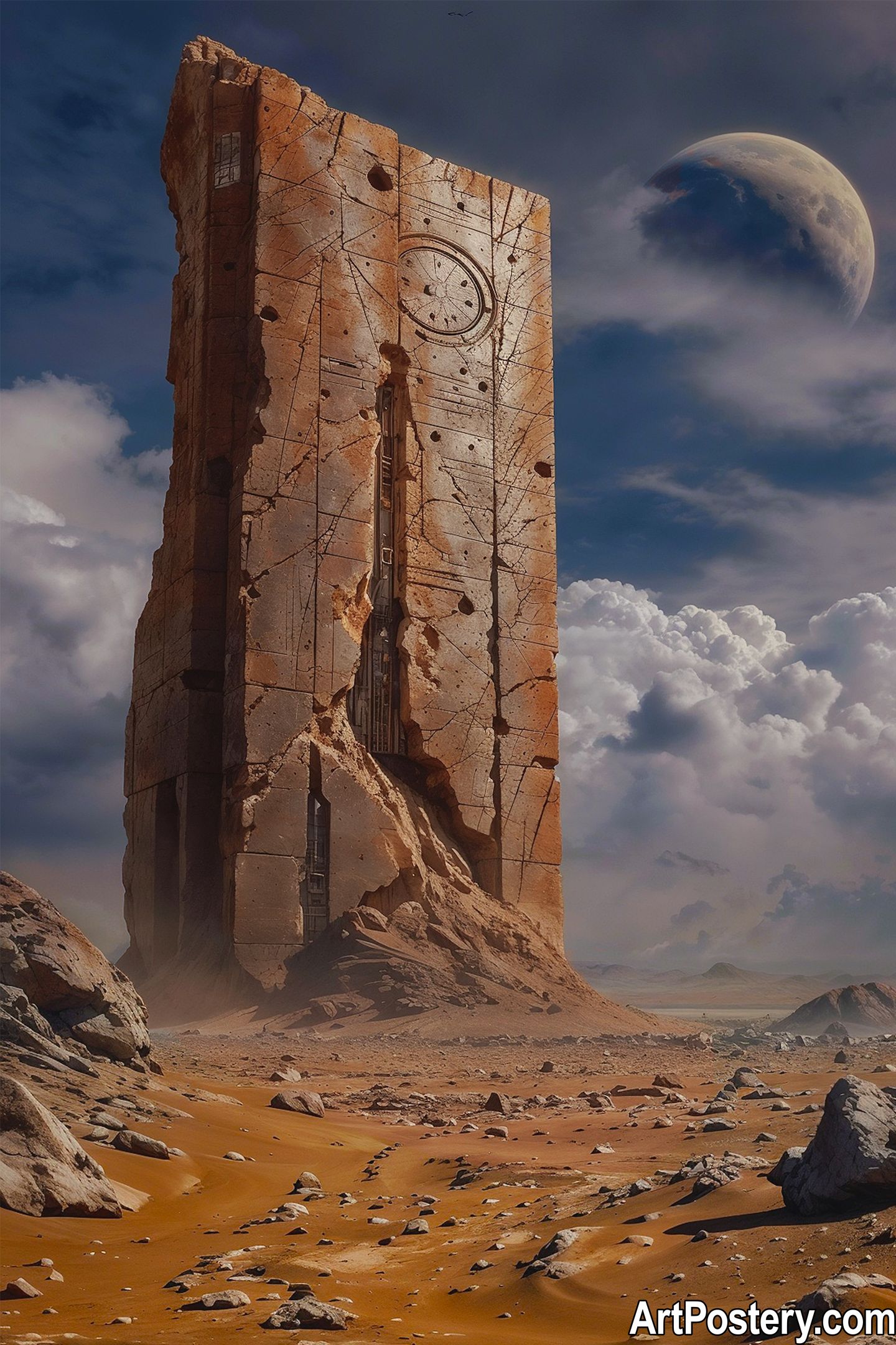 space poster featuring a cracked Mars tower with grid markings, dusty desert rocks, and a glowing planet under stormy clouds space poster featuring a cracked Mars tower with grid markings, dusty desert rocks, and a glowing planet under stormy clouds