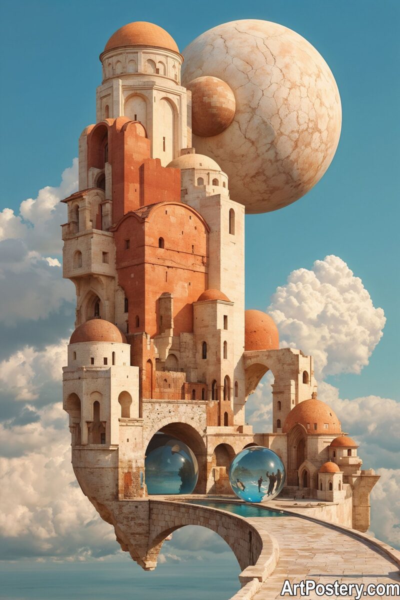 Surreal citadel in the clouds with domes, arches, and floating spheres in an abstract art print
