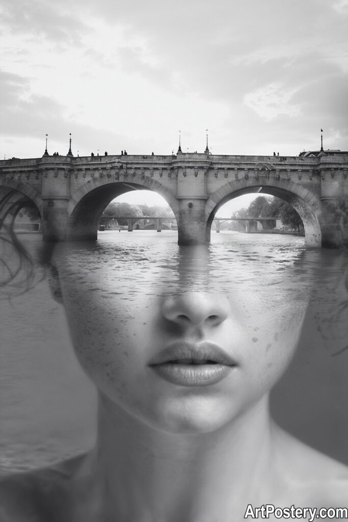 Surreal Art black and white poster of a woman's face blended with a historic stone bridge and reflective river