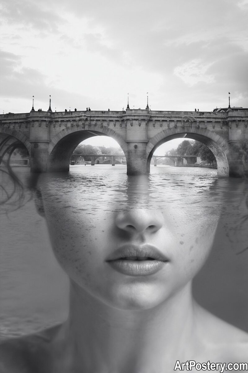 Surreal Art black and white poster of a woman's face blended with a historic stone bridge and reflective river