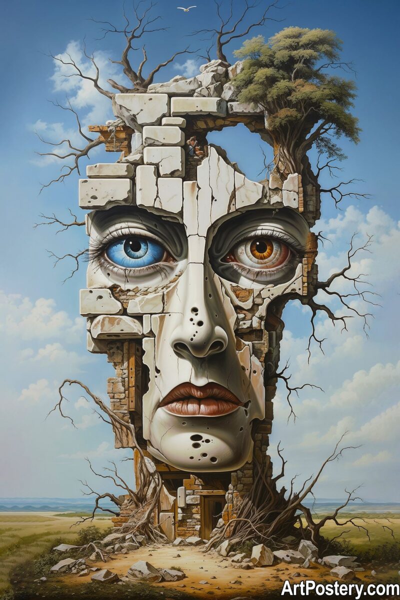 Surreal Art featuring a stone face made of bricks with nature elements and a vibrant sky.
