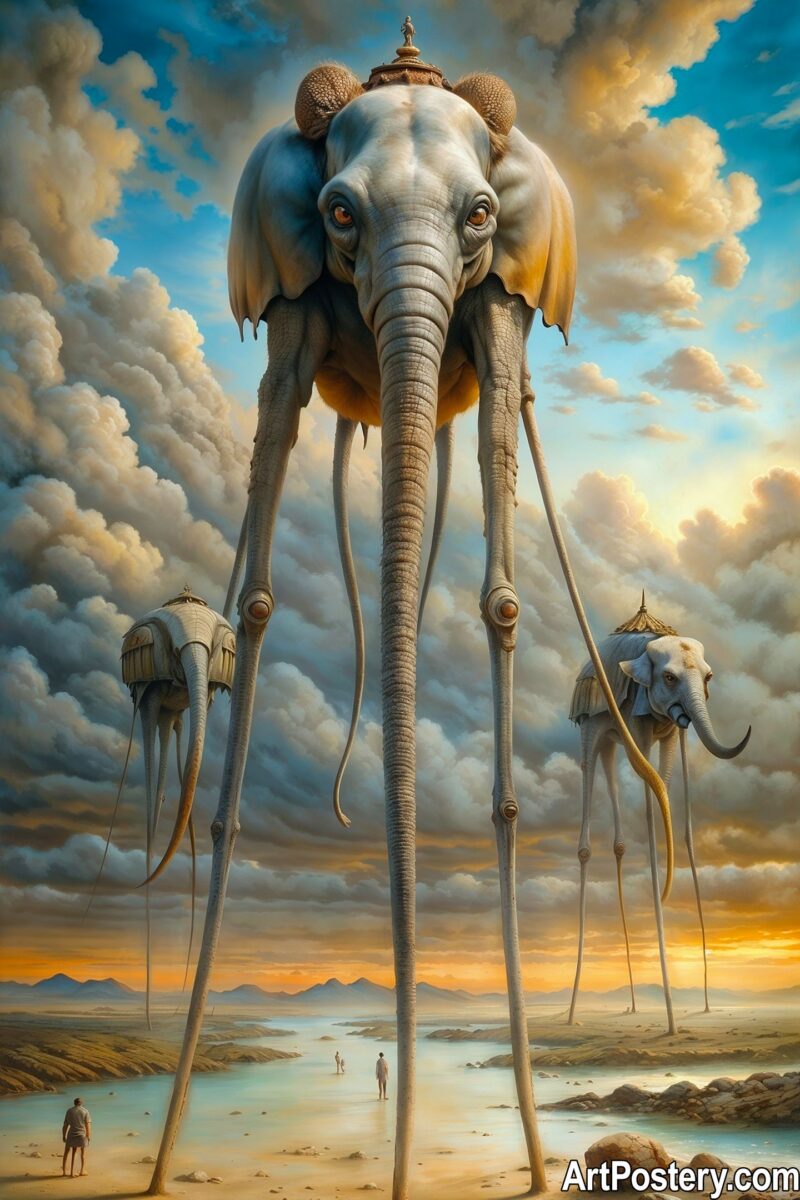 A space poster depicting surreal elephants on an elongated journey.