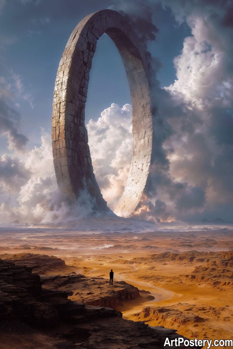 A surreal space poster depicting a massive ring in a cosmic landscape with clouds and a lone figure.