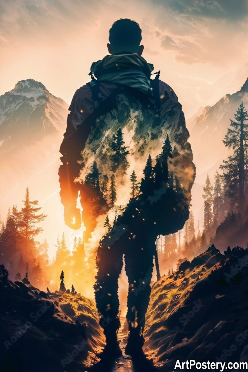 Surreal Art: A traveler blending with mountains and trees under a vibrant sky
