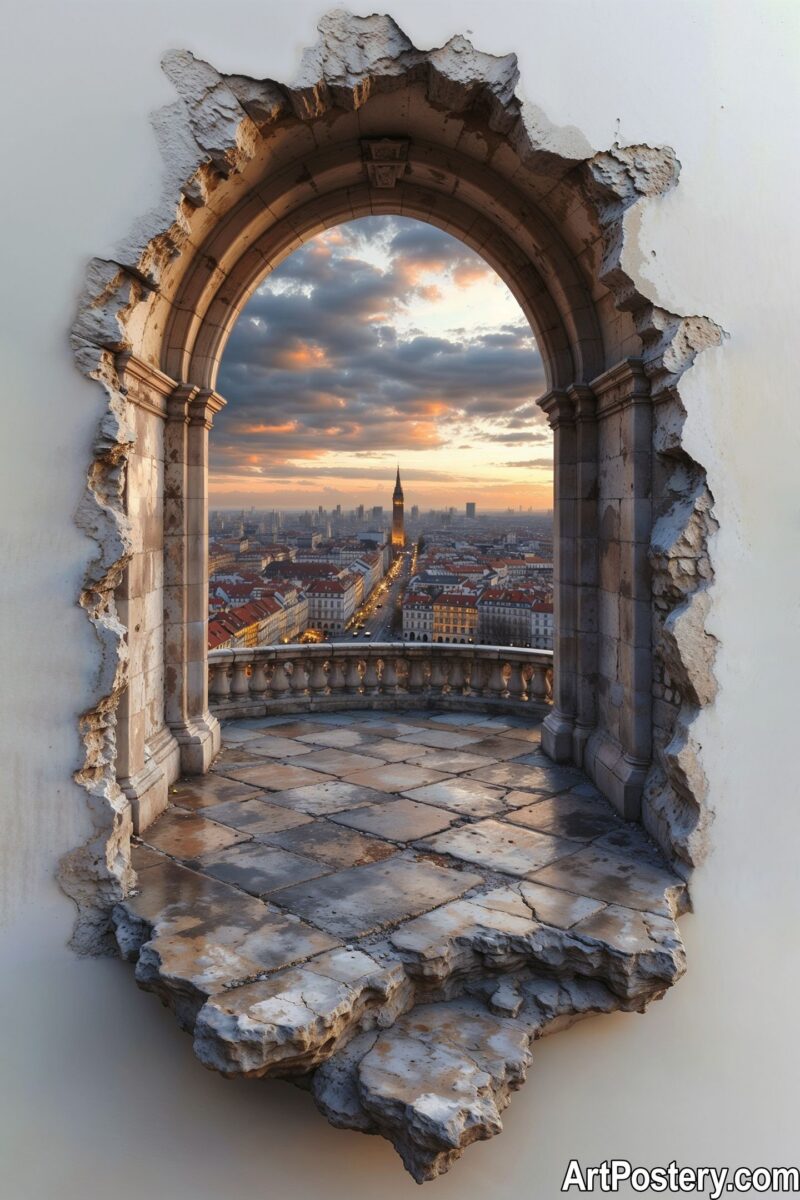 Cool poster depicting a sunset view through a stone archway in a city.