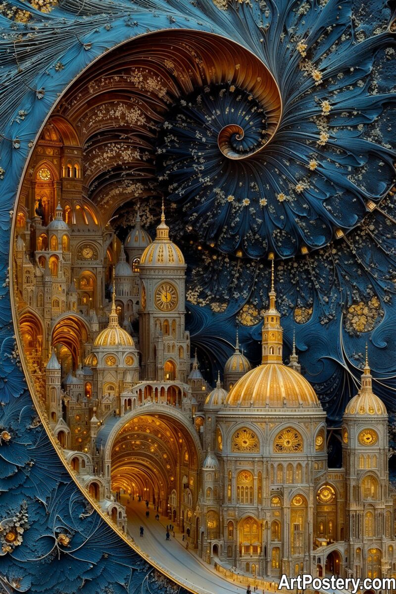 Surreal Art featuring a spiral with Gothic cathedrals