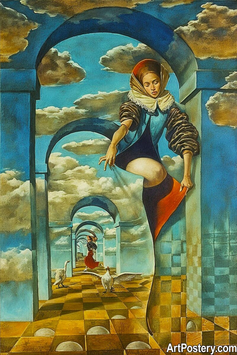 Surreal Art with arches and dreamlike figures in a whimsical scene