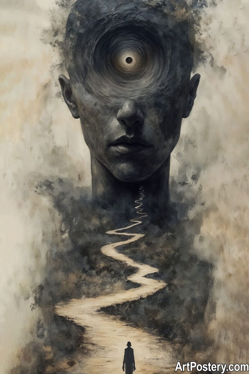 Surreal Art featuring a mystical face with a vortex eye and a winding path.