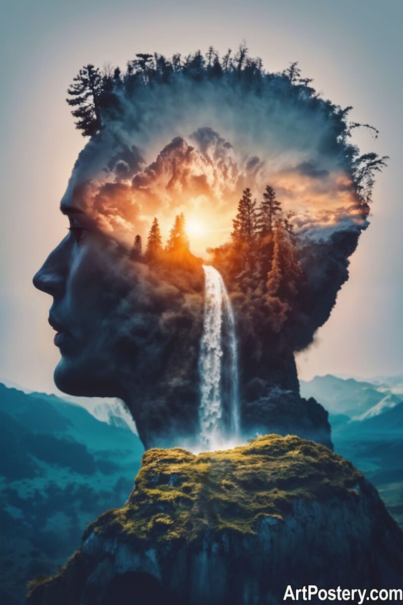 Surreal Art depicting human profile blending with nature elements