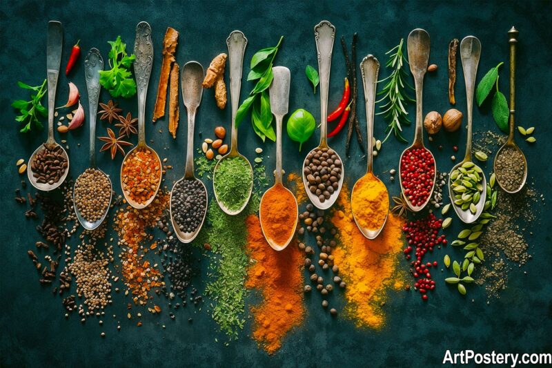 Artful display of colorful spices in vintage spoons Posters for Room