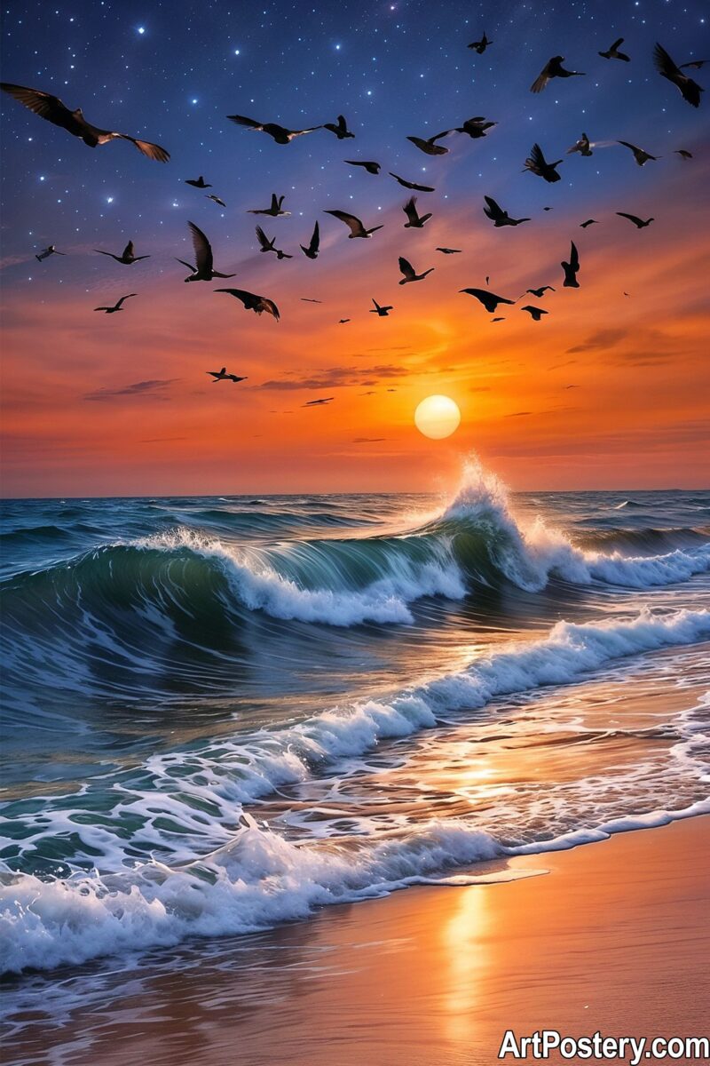 Art prints featuring a sunset with ocean waves and birds in flight.