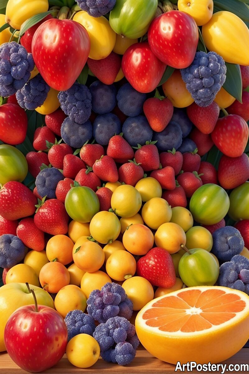 Kitchen art prints featuring vibrant fruits in diverse colors