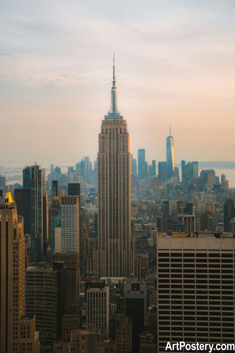 Poster New York showing the Manhattan skyline with the Empire State Building at sunset