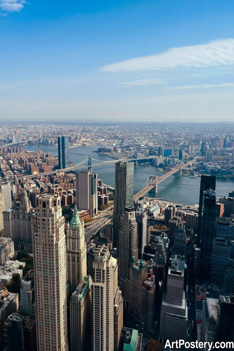Poster New York showing an aerial city skyline with bridges, tall buildings, and a wide river under a blue sky