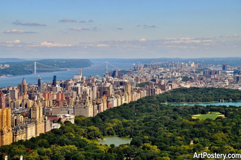Poster New York aerial skyline with river, bridge, and green park landscape