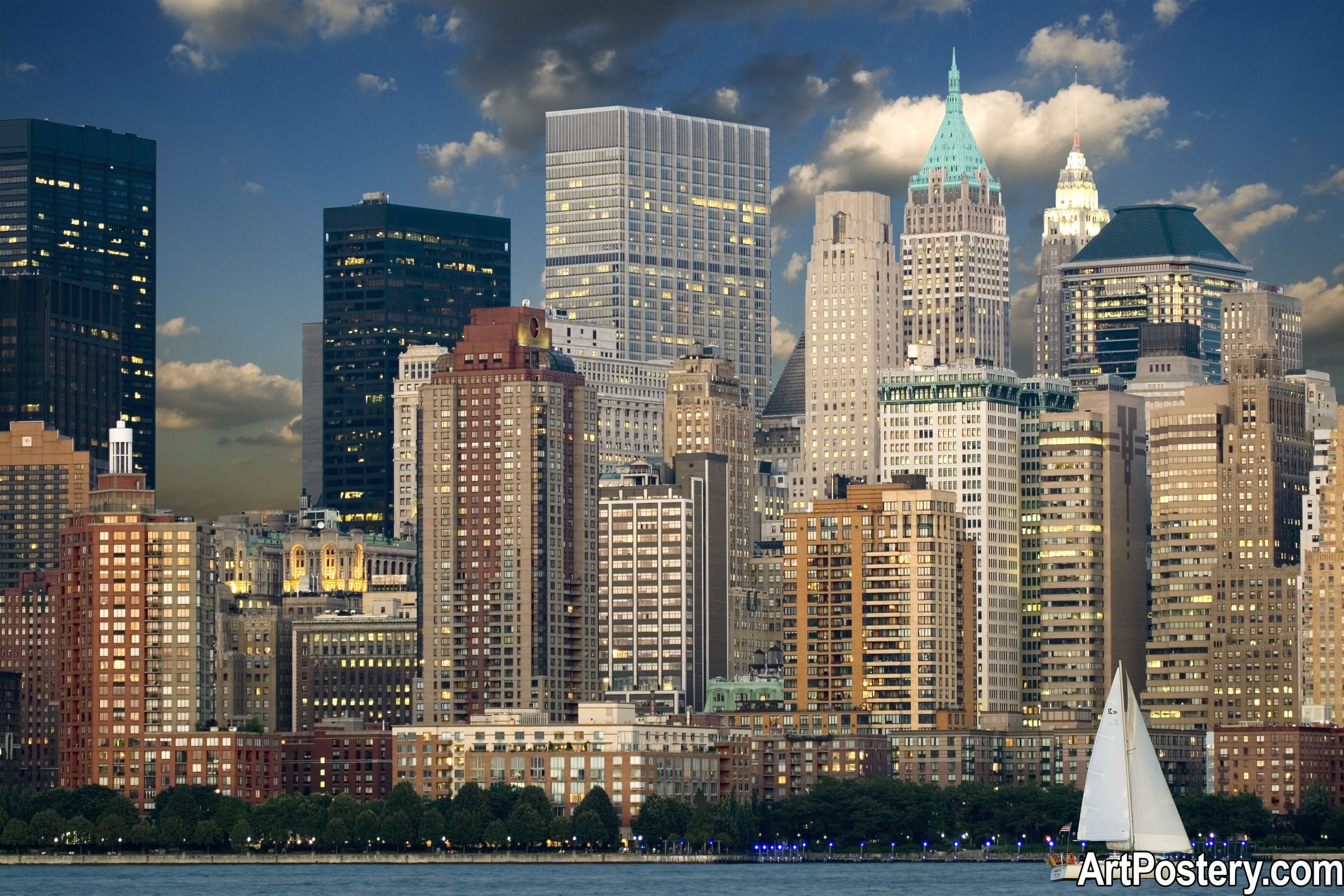 Poster New York showing a detailed city skyline with tall buildings, lit windows, clouds, and a sailboat on the water Poster New York showing a detailed city skyline with tall buildings, lit windows, clouds, and a sailboat on the water