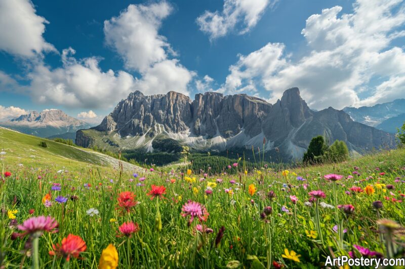 photo print of a colorful alpine meadow with wildflowers, green hills, rocky mountain peaks, and a blue sky with clouds