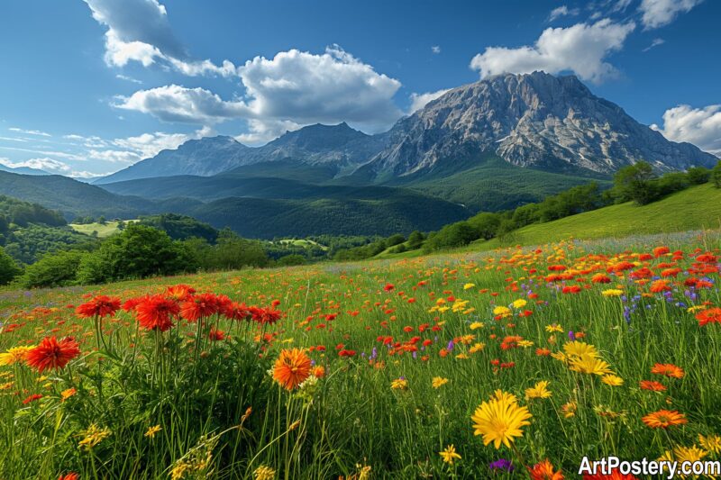 photo print of a colorful alpine meadow with wildflowers, green hills, and dramatic mountains under a blue sky