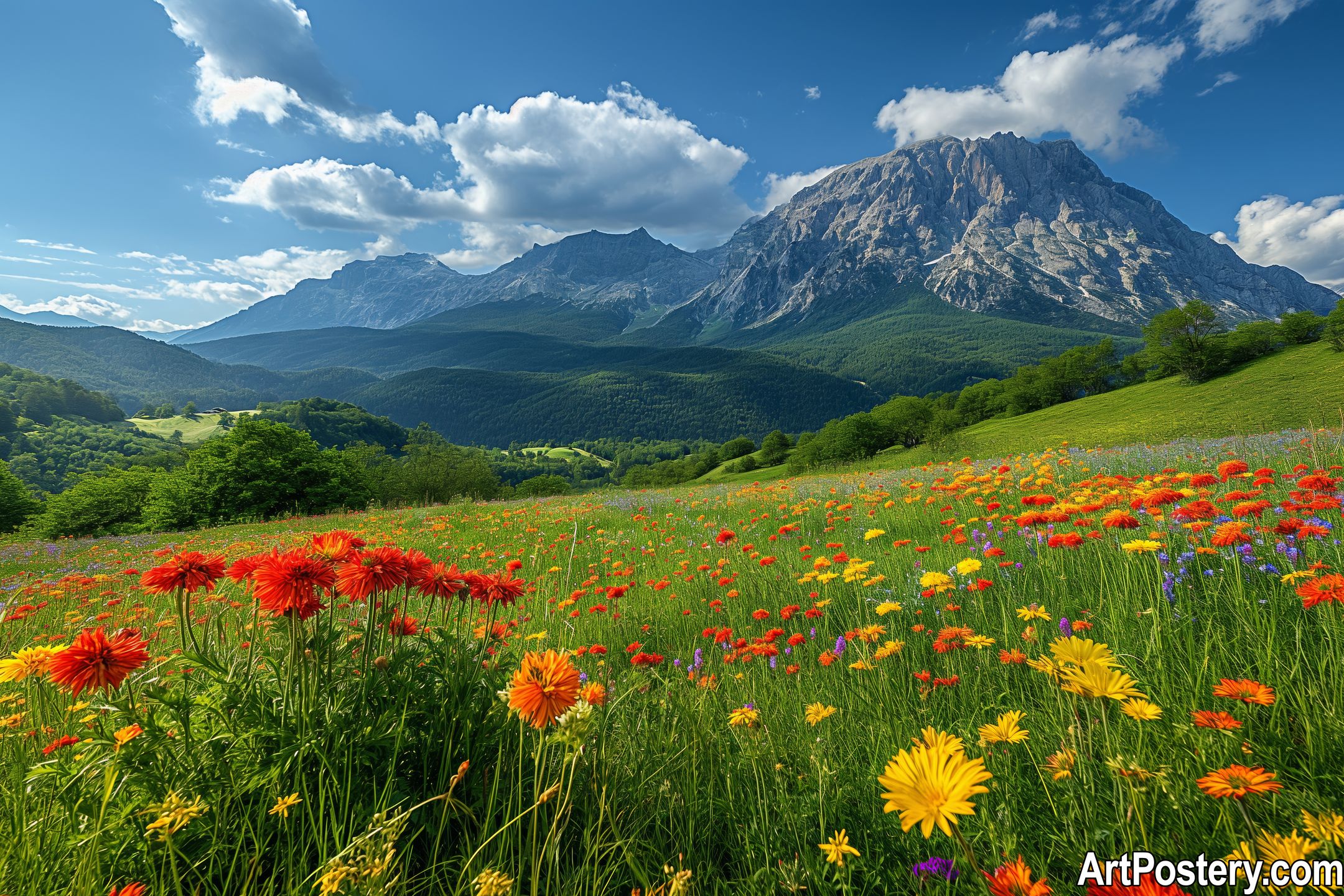 photo print of a colorful alpine meadow with wildflowers, green hills, and dramatic mountains under a blue sky photo print of a colorful alpine meadow with wildflowers, green hills, and dramatic mountains under a blue sky