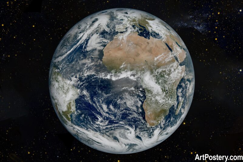 Nasa Photo Print poster showing Earth in space with stars and a dark cosmic background