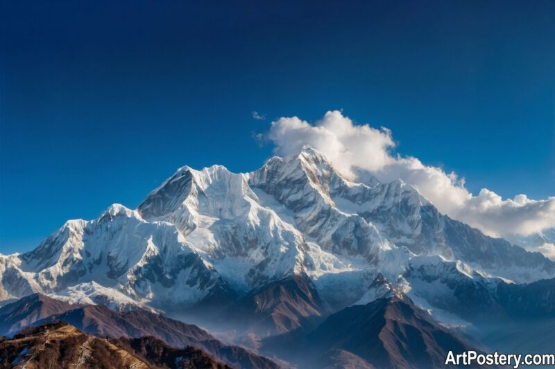 Nature Prints poster of a snowy mountain peak beneath a clear blue sky with drifting clouds.