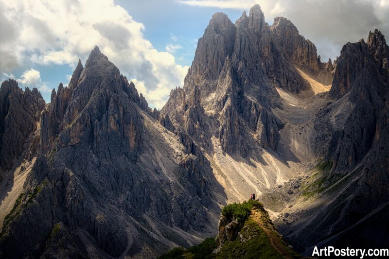Nature Prints poster showing towering alpine peaks, rocky valleys, clouds, and a narrow ridge trail