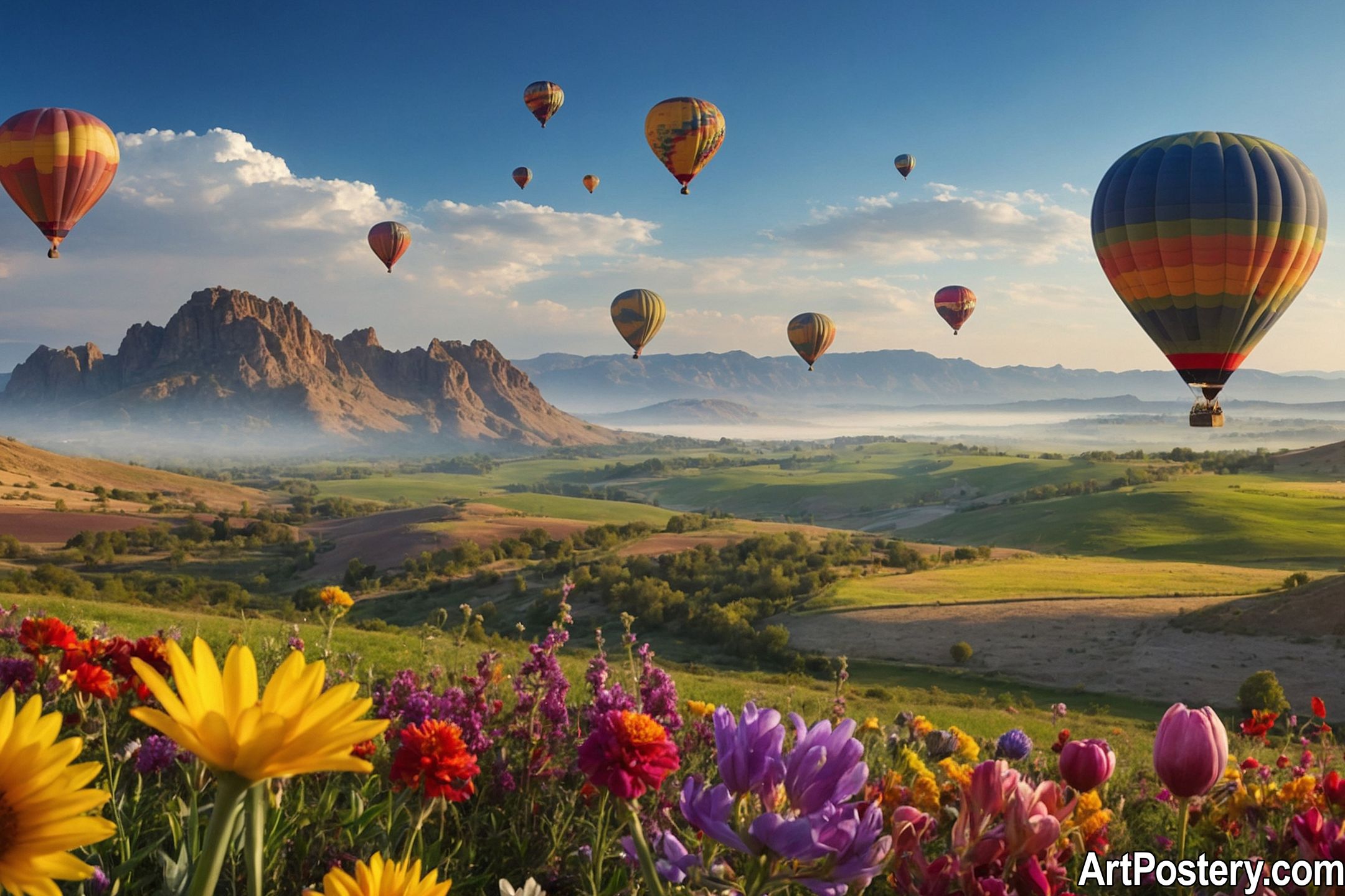Nature Prints poster showing colorful hot air balloons above a flower-filled meadow and mountain landscape. Nature Prints poster showing colorful hot air balloons above a flower-filled meadow and mountain landscape.
