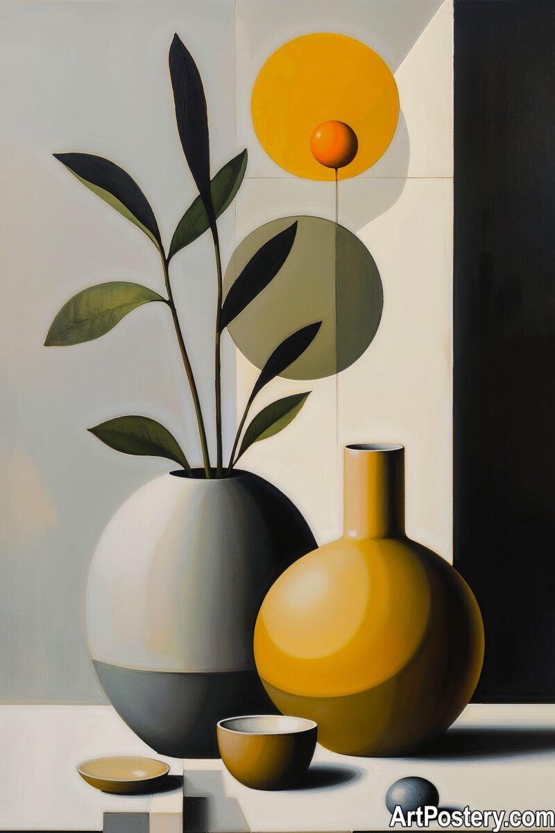 A minimalist modern still life painting featuring a plant with dark green leaves in a two-toned round vase, accompanied by yellow and grey geometric vases. The background includes bold painted circles in mustard yellow and olive green against a white wall art print
